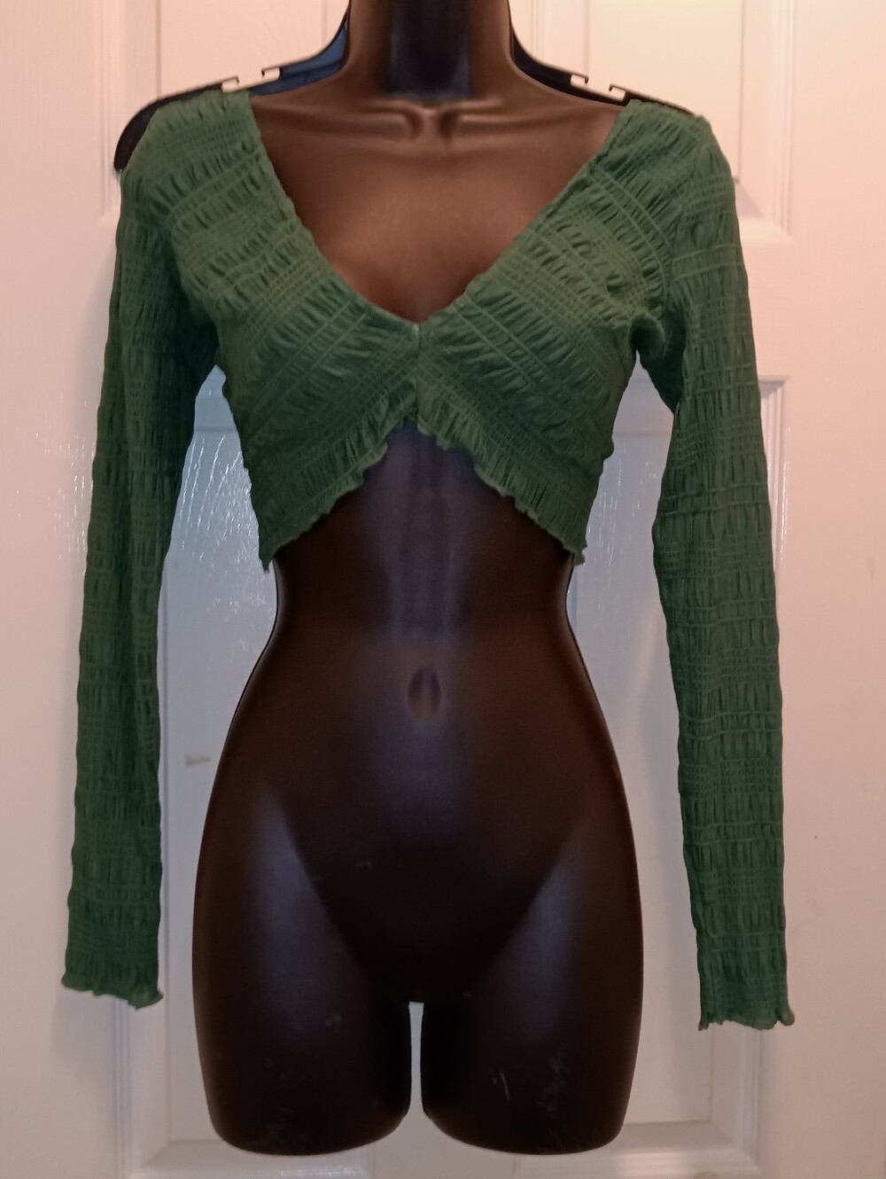 NWT Morning Mist Green Cropped Long-Sleeve Textured Wrap Top